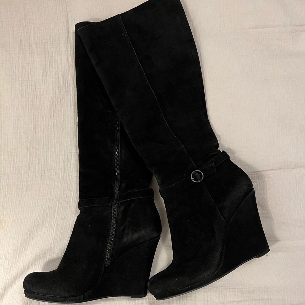 BW black DKNY suede knee high wedge boots 9.5